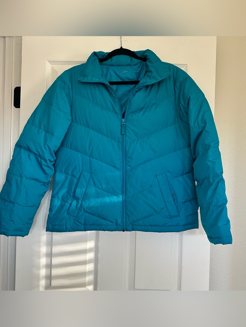 Lands’ End Teal Down Puffer Jacket Women M 10-12 Chevron Quilted